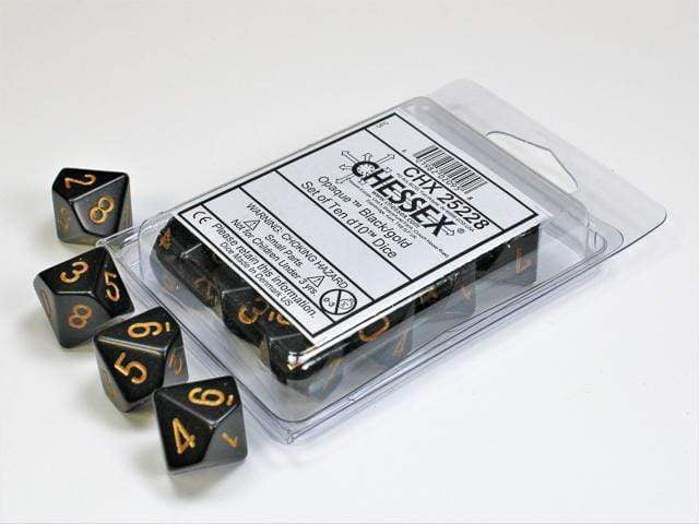 Opaque Black w/gold d10 Dice (10 dice) CHX25228 - Dice Sets & Games