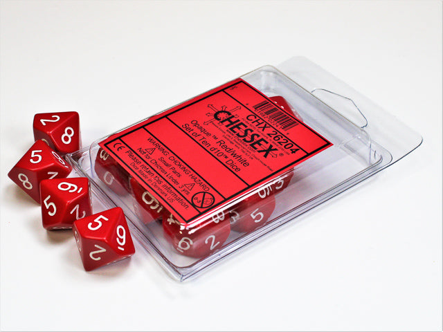 Opaque Red/White d10 Dice (10 dice) CHX26204 - Dice Sets & Games
