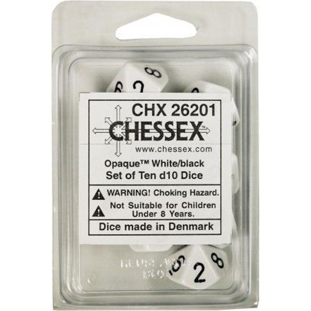 Opaque White/Black d10 Dice (10 dice) CHX26201 - Dice Sets & Games