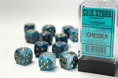 Phantom 16mm d6 Teal/gold Dice Block (12 dice) CHX27689 - Dice Sets & Games