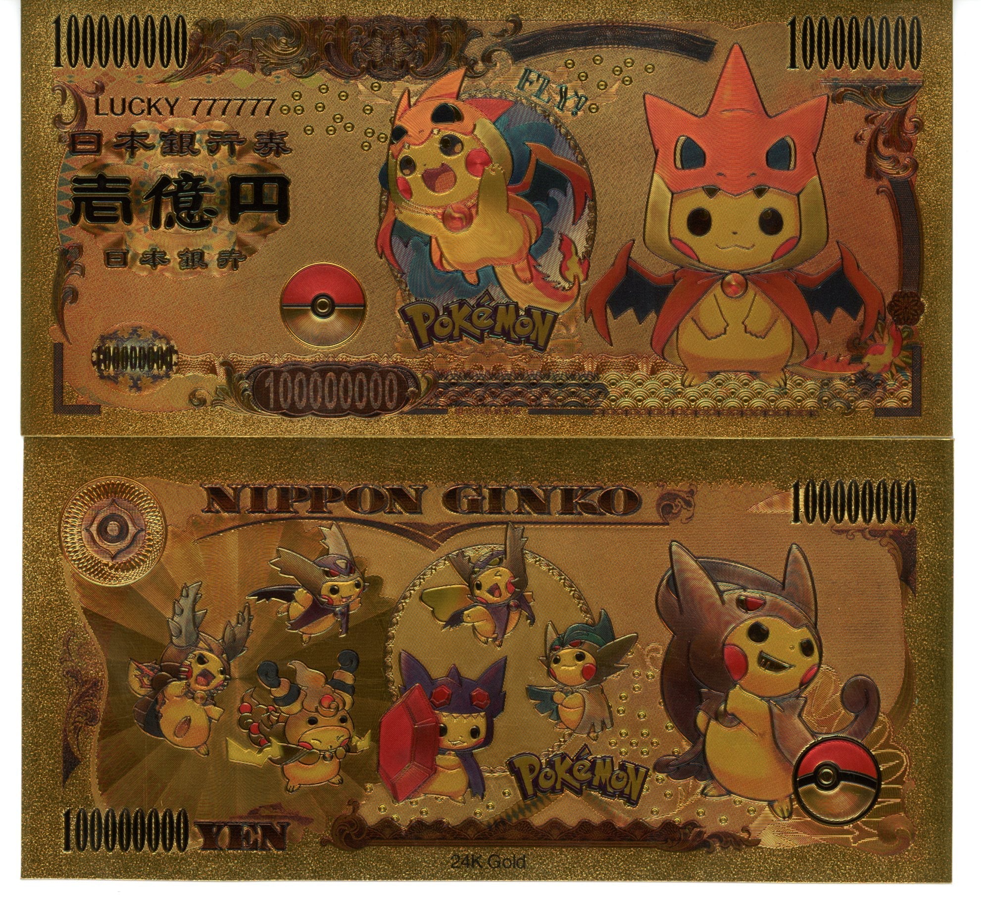Pokemon Novelty Collectible Pokey Bucks Commemorative Banknote Gold Poncho Picachu Mega Charizard Y - Pokemon