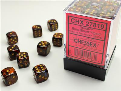 Scarab 12mm d6 Blue Blood/gold Dice Block (36 dice) CHX27819 - Dice Sets & Games