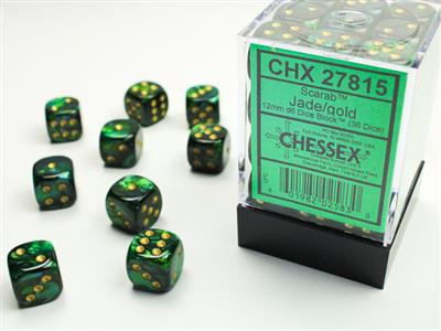 Scarab 12mm d6 Jade/gold Dice Block (36 dice) CHX27815 - Dice Sets & Games