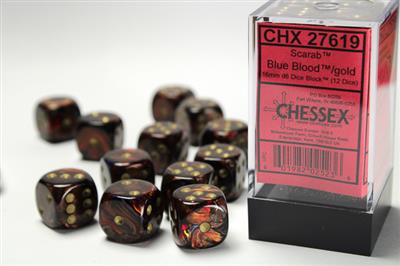 Scarab 16mm d6 Blue Blood/gold Dice Block (12 dice) CHX27619 - Dice Sets & Games