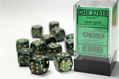 Scarab 16mm d6 Jade/gold Dice Block (12 dice) CHX27615 - Dice Sets & Games