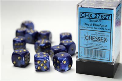 Scarab 16mm d6 Royal Blue/gold Dice Block (12 dice) CHX27627 - Dice Sets & Games