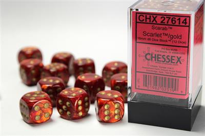 Scarab 16mm d6 Scarlet/gold Dice Block (12 dice) CHX27614 - Dice Sets & Games