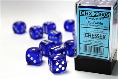 Translucent 16mm d6 Blue/white Dice Block (12 dice) CHX23606 - Dice Sets & Games