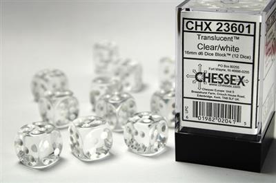 Translucent 16mm d6 Clear/white Dice Block (12 dice) CHX23601 - Dice Sets & Games