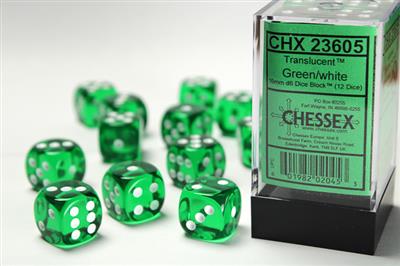 Translucent 16mm d6 Green/white Dice Block (12 dice) CHX23605 - Dice Sets & Games