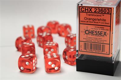 Translucent 16mm d6 Orange/white Dice Block (12 dice) CHX23603 - Dice Sets & Games