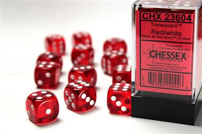 Translucent 16mm d6 Red/white Dice Block (12 dice) CHX23604 - Dice Sets & Games
