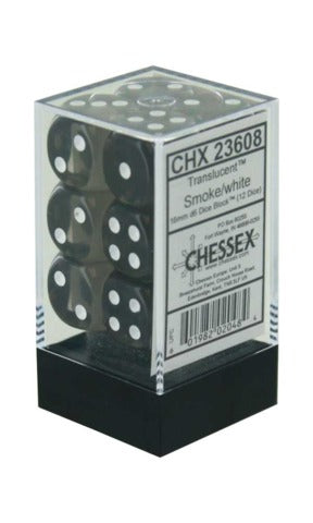 Translucent 16mm d6 Smoke/white Dice Block (12 dice) CHX23608 - Dice Sets & Games