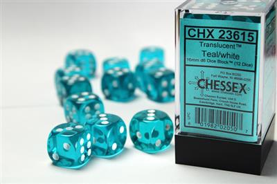 Translucent 16mm d6 Teal/white Dice Block (12 dice) CHX23615 - Dice Sets & Games