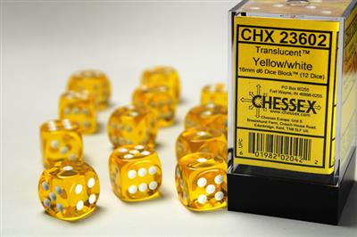 Translucent 16mm d6 Yellow/white Dice Block (12 dice) CHX23602 - Dice Sets & Games