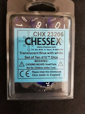 Translucent Blue with white d10 Dice (10 dice) CHX23206 - Dice Sets & Games
