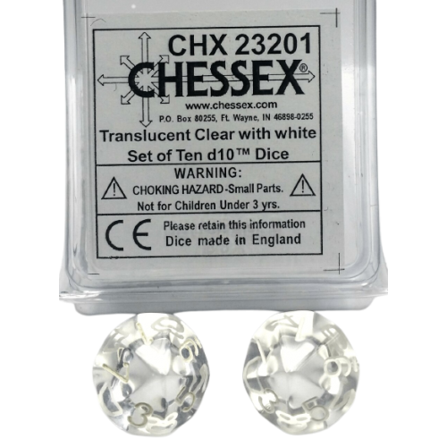 Translucent Clear with white d10 Dice (10 dice) CHX23201 - Dice Sets & Games
