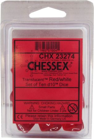 Translucent Red/white d10 Dice (10 dice) CHX23274 - Dice Sets & Games