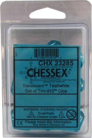 Translucent Teal/white d10 Dice (10 dice) CHX23285 - Dice Sets & Games