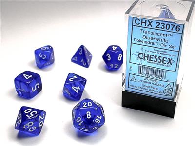 Translucent: Translucent Polyhedral Blue/white 7-Die Set CHX23076 - Dice Sets & Games