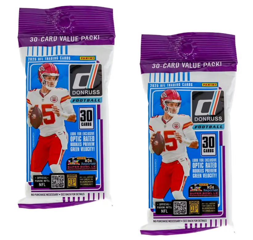 Two (2) Packs of 2025 Panini Donruss Football Jumbo Value Cello Fat Pack (Blue Parallels) - Ripped (Schedule Persy)