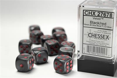 Velvet 16mm d6 Black/red Dice Block (12 dice) CHX27678 - Dice Sets & Games