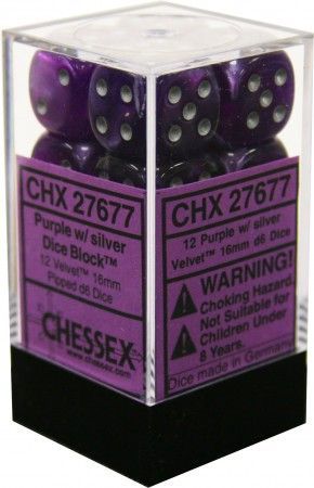 Velvet 16mm d6 Purple w/ silver Dice Block (12 dice) CHX27677 - Dice Sets & Games