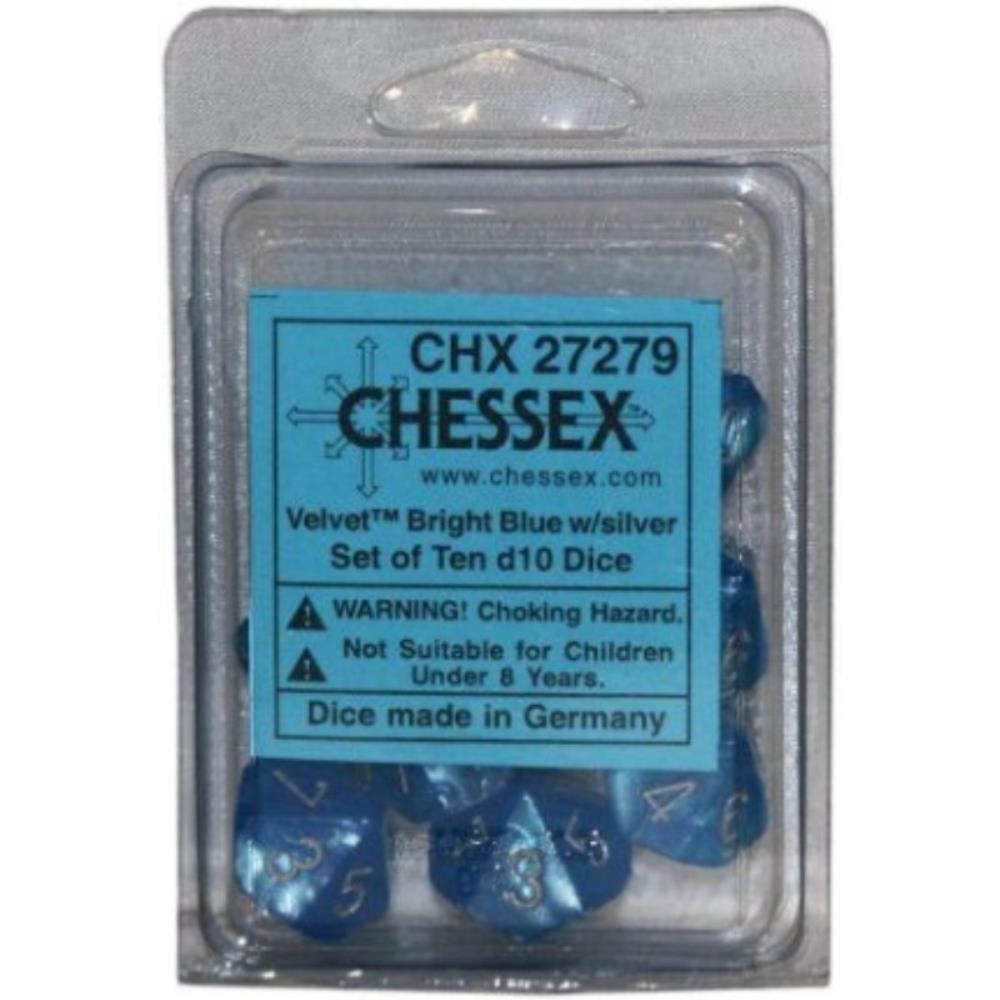 Velvet Bright Blue w/silver d10 Dice (10 dice) CHX27279 - Dice Sets & Games