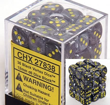 Vortex 12mm d6 Black w/yellow Dice Block (36 dice) CHX27838 - Dice Sets & Games
