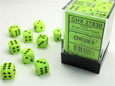 Vortex 12mm d6 Bright Green/black Dice Block (36 dice) CHX27830 - Dice Sets & Games