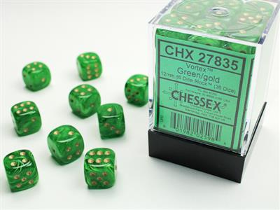 Vortex 12mm d6 Green/gold Dice Block (36 dice) CHX27835 - Dice Sets & Games