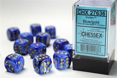 Vortex 16mm d6 Blue/gold Dice Block (12 dice) CHX27636 - Dice Sets & Games