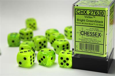 Vortex 16mm d6 Bright Green/black Dice Block (12 dice) CHX27630 - Dice Sets & Games