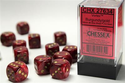 Vortex 16mm d6 Burgundy/gold Dice Block (12 dice) CHX27634 - Dice Sets & Games