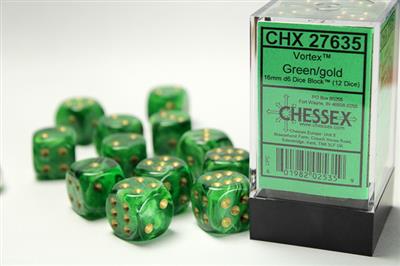 Vortex 16mm d6 Green/gold Dice Block (12 dice) CHX27635 - Dice Sets & Games