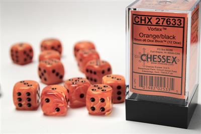 Vortex 16mm d6 Orange/black Dice Block (12 dice) CHX27633 - Dice Sets & Games