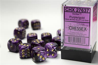 Vortex 16mm d6 Purple/gold Dice Block (12 dice) CHX27637 - Dice Sets & Games