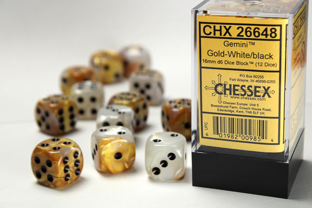 Gemini 16mm Pipped d6 Gold-White w/black Dice Block (12 dice) CHX26648
