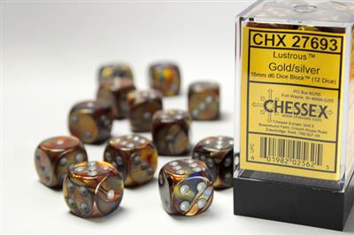 Lustrous 16mm d6 Gold/silver Dice Block (12 dice) CHX27693