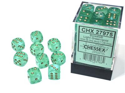 Borealis 12mm d6 Light Green/gold Luminary Dice Block (36 dice) CHX27975