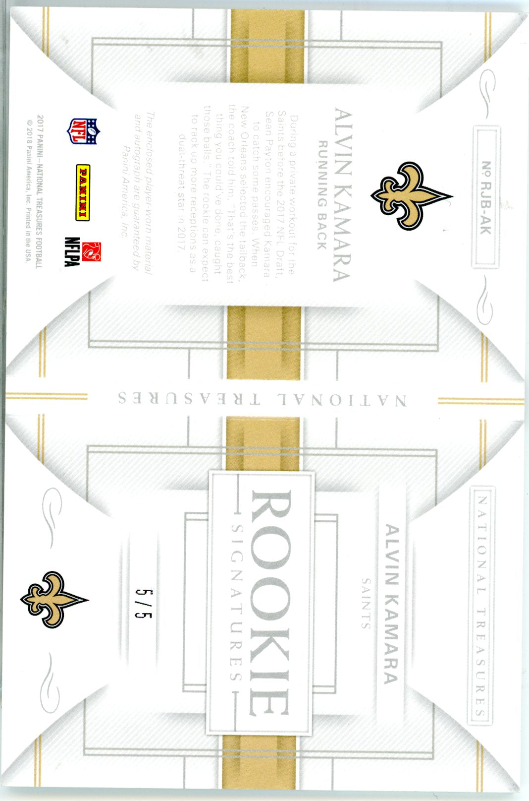 2018 Panini National Treasures Alvin Kamara Rookie 5/5 Laundry Tag Patch Saints