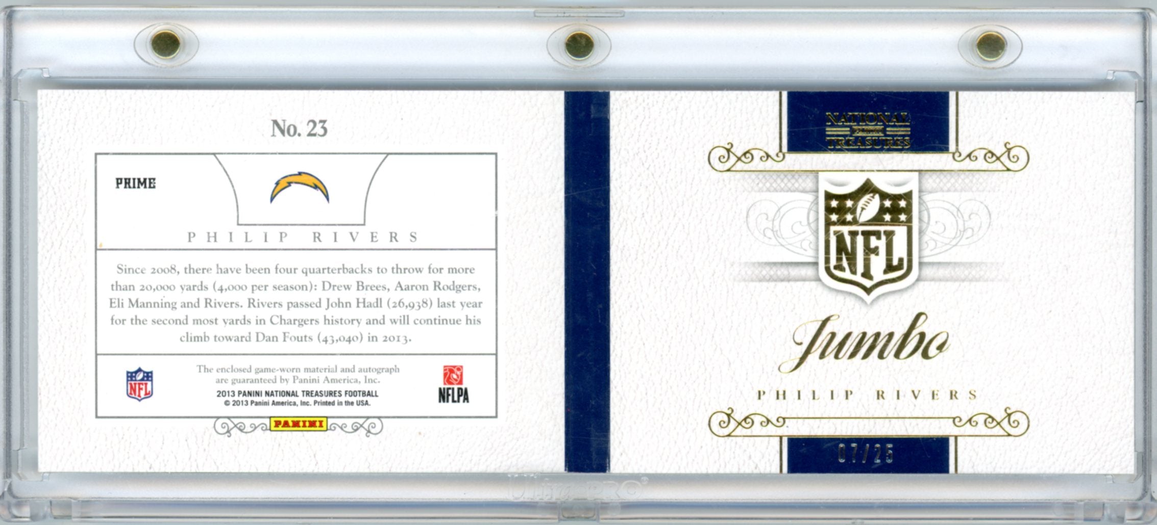 2013 National Treasures Philip Rivers Prime Jumbo Autograph 07/25 Patch #23