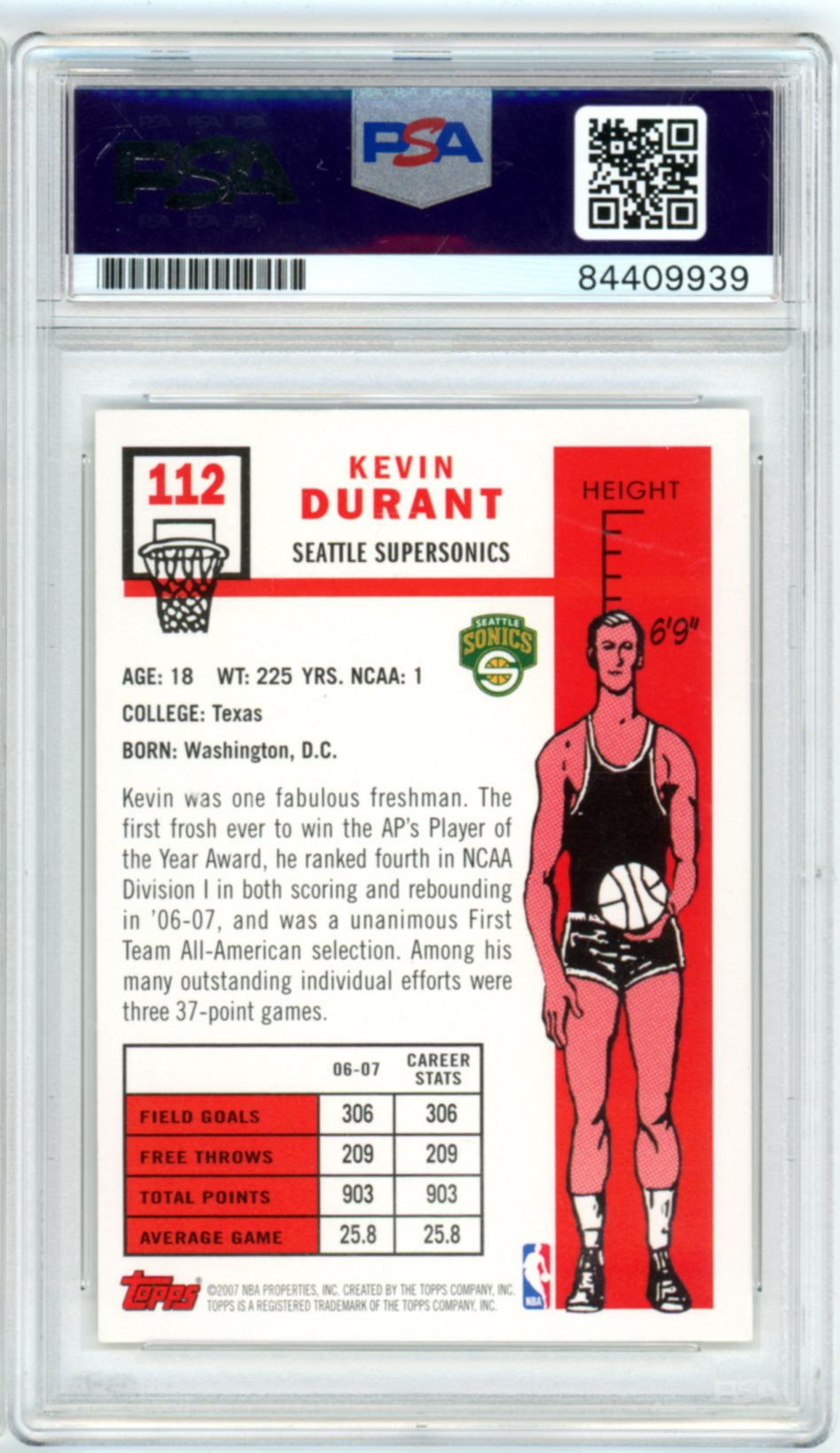 2007 Kevin Durant Topps 50th Anniversary Rookie Gem Mt 10 Auto PSA Authentic
