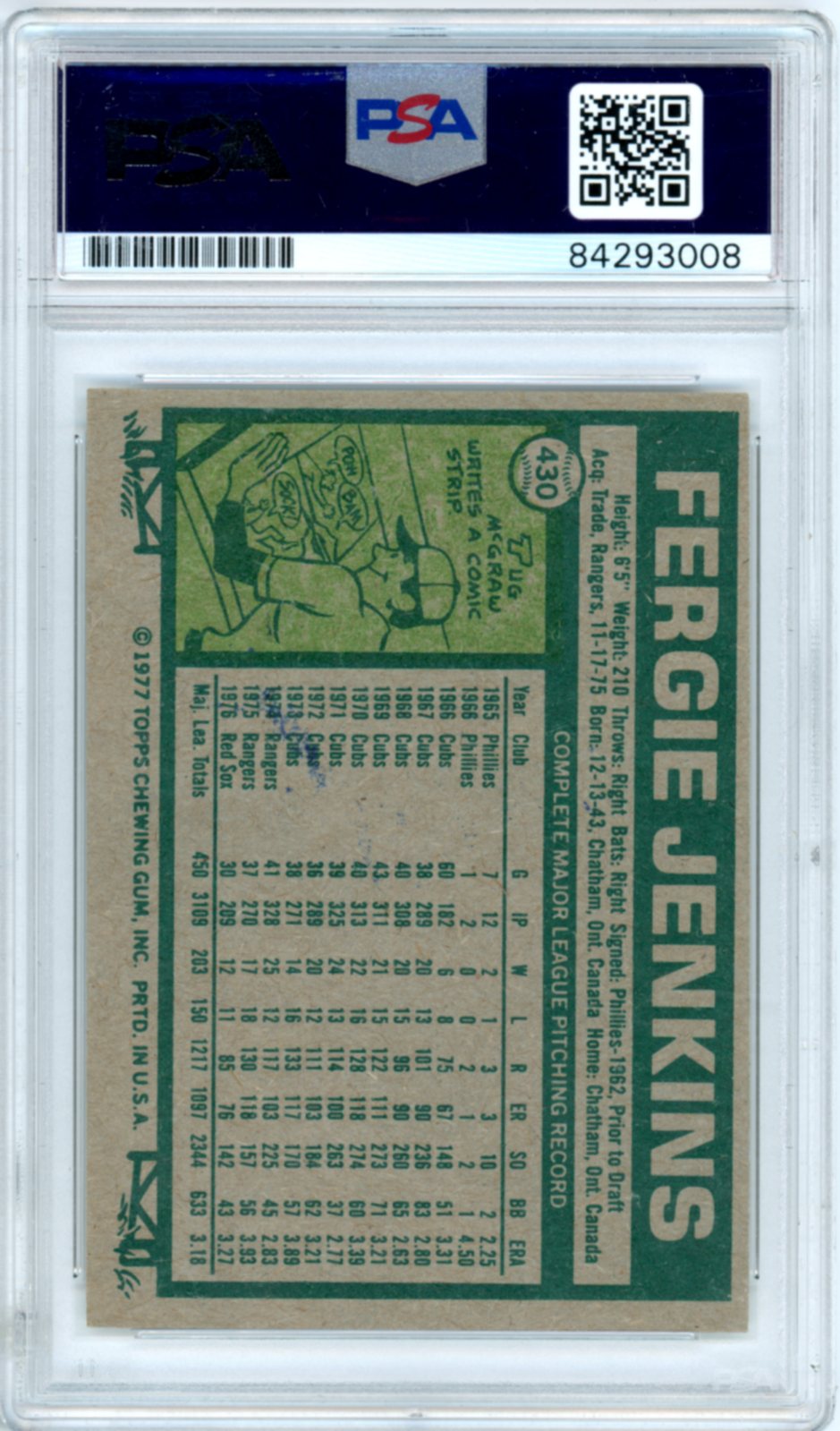 Fergie Jenkins PSA Authentic Auto 1977 Topps #430
