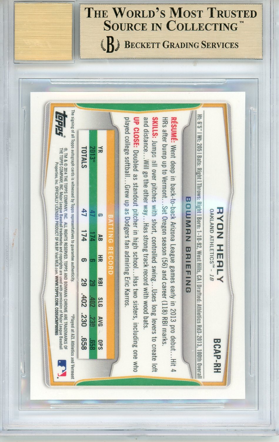 2014 Bowman Chrome Prospect Autographs Ryon Healy #BCAPRHE BGS 9.5