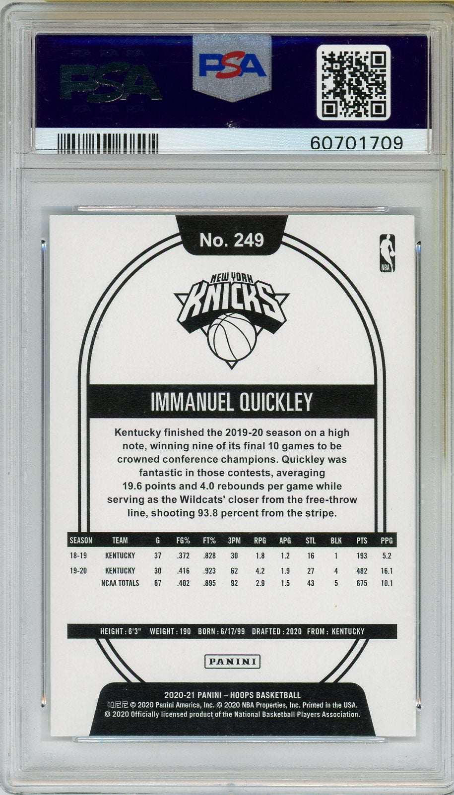 2020 Panini Hoops Immanuel Quickley #249 PSA 10 GEM MINT New York Knicks Rookie