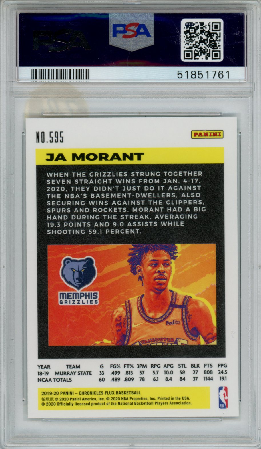 2019 Panini Chronicles Ja Morant Rookie #595 PSA 10 Memphis Grizzlies