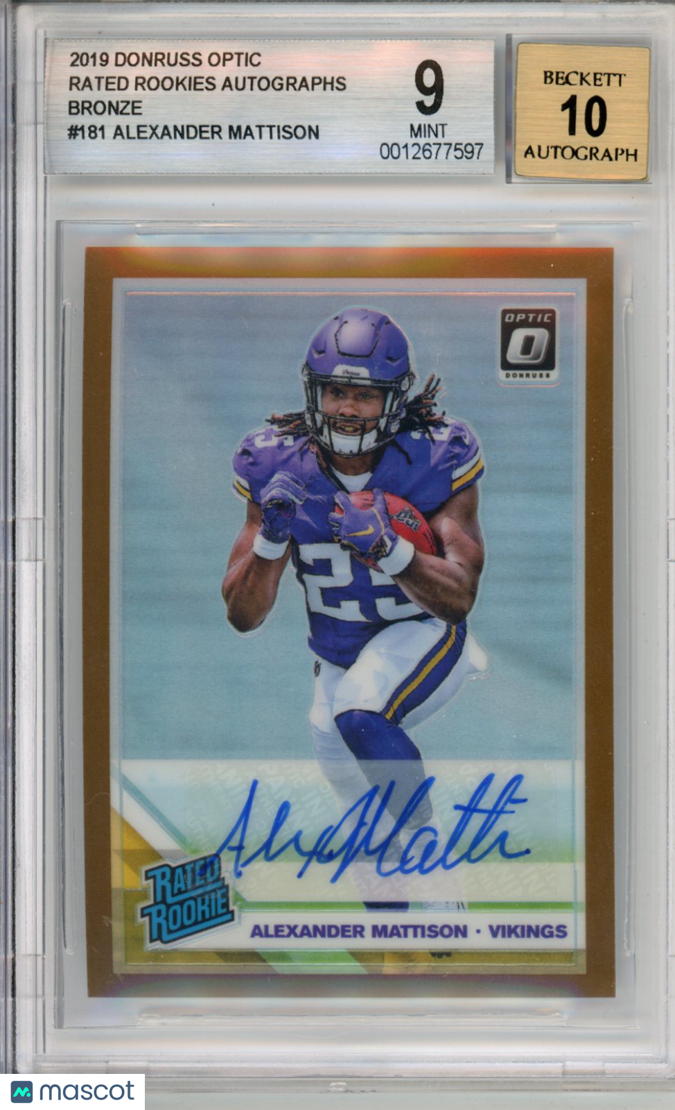 2019 Donruss Optic Rated Rookies Auto Bronze Alexander Mattison BGS 9 AUTO 10