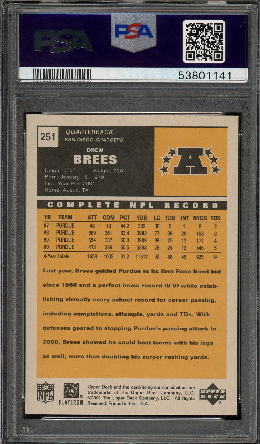 2001 Upper Deck Vintage Drew Brees Rookie #251 PSA 7 San Diego Chargers
