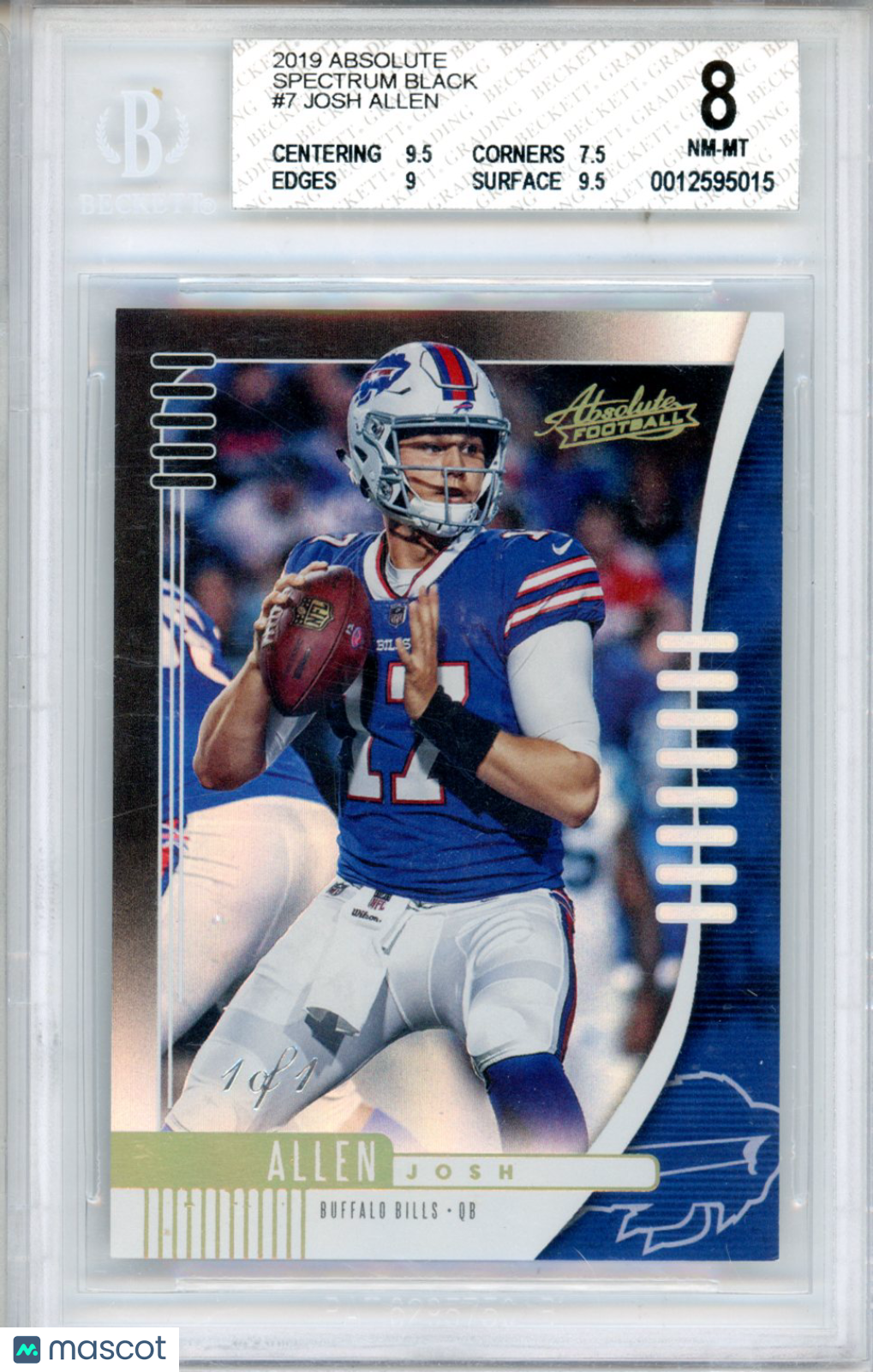 2019 Absolute Spectrum Black Josh Allen #7 BGS 8 1/1 2nd Year